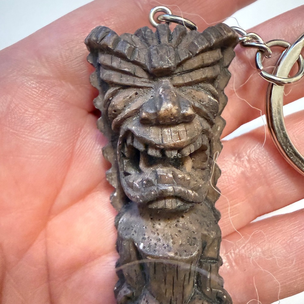 Vintage God of Money Keychain Pendant Brown Wood Carved Tiki Totem Spirit Guide